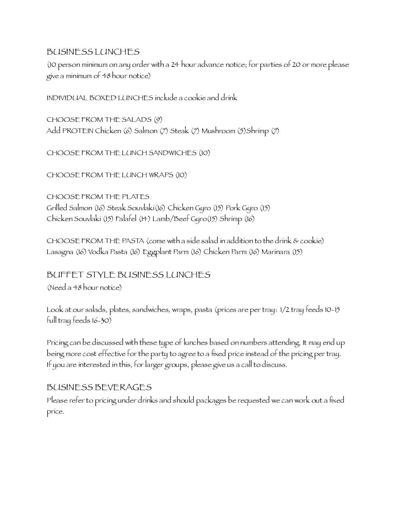 Oriste Fairway Cafe & Tavern La Jolla, CA Business Catering Menus